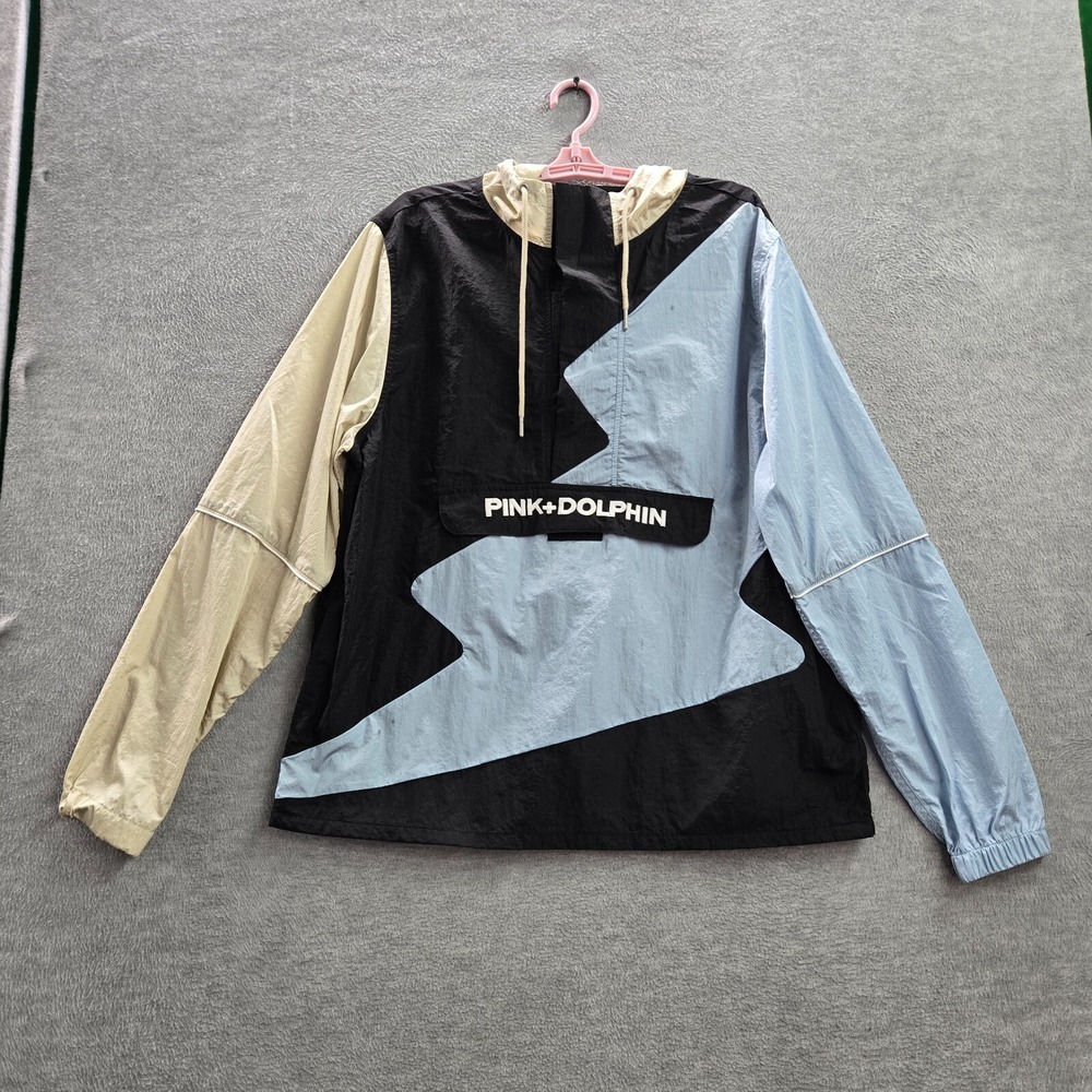 Pink Dolphin Men Jacket Large Blue Anorak Windbreaker Colorblock 1/2 Zip READ